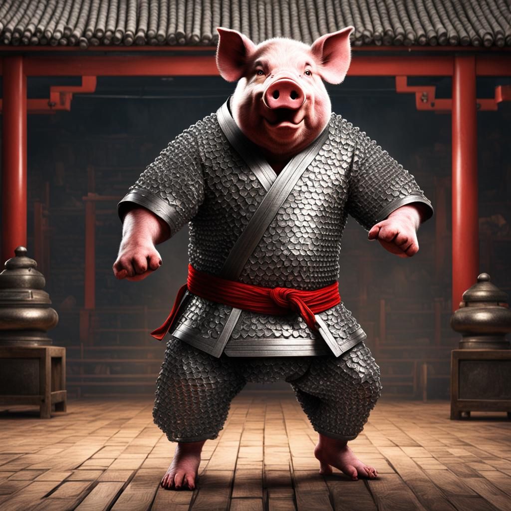 Big pig in chain mail Kung fu fighting in a dojo hyper reali...