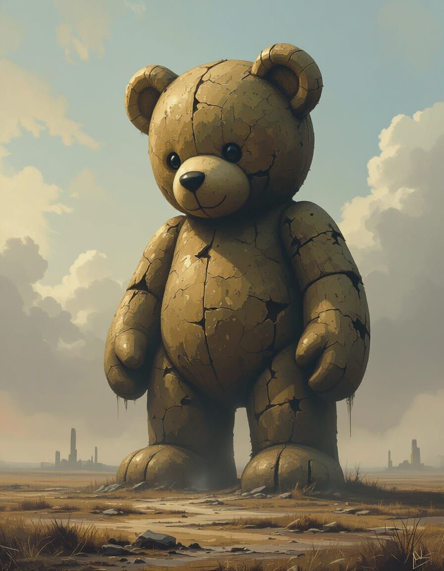 A colossal, ancient teddy bear statue stands sentinel over a vast, melancholic wasteland, its button eyes gazing out at the desolate landsca...