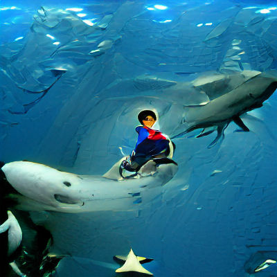 a small boy on the shark in deep ocean
