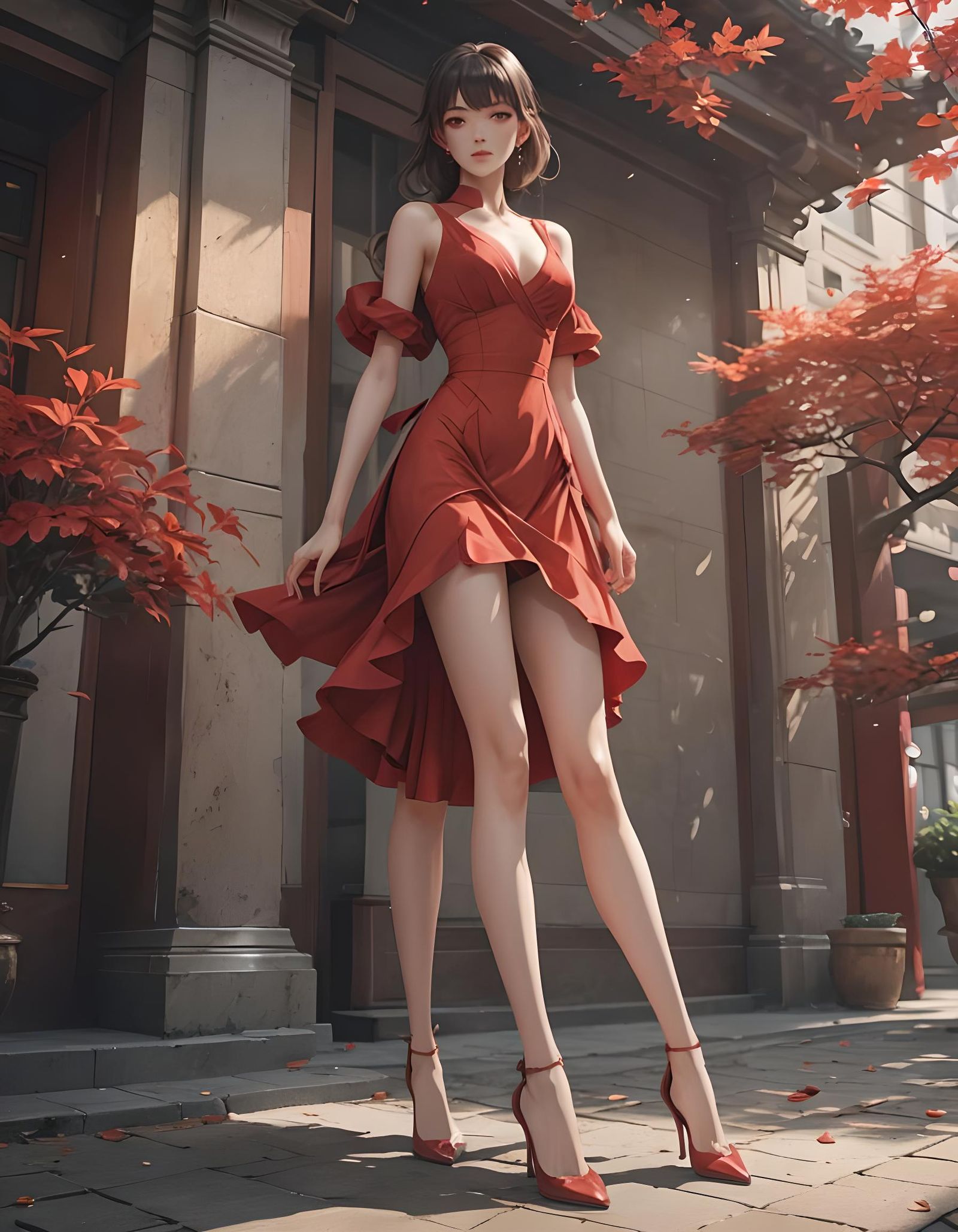 Red dress woman, long legs