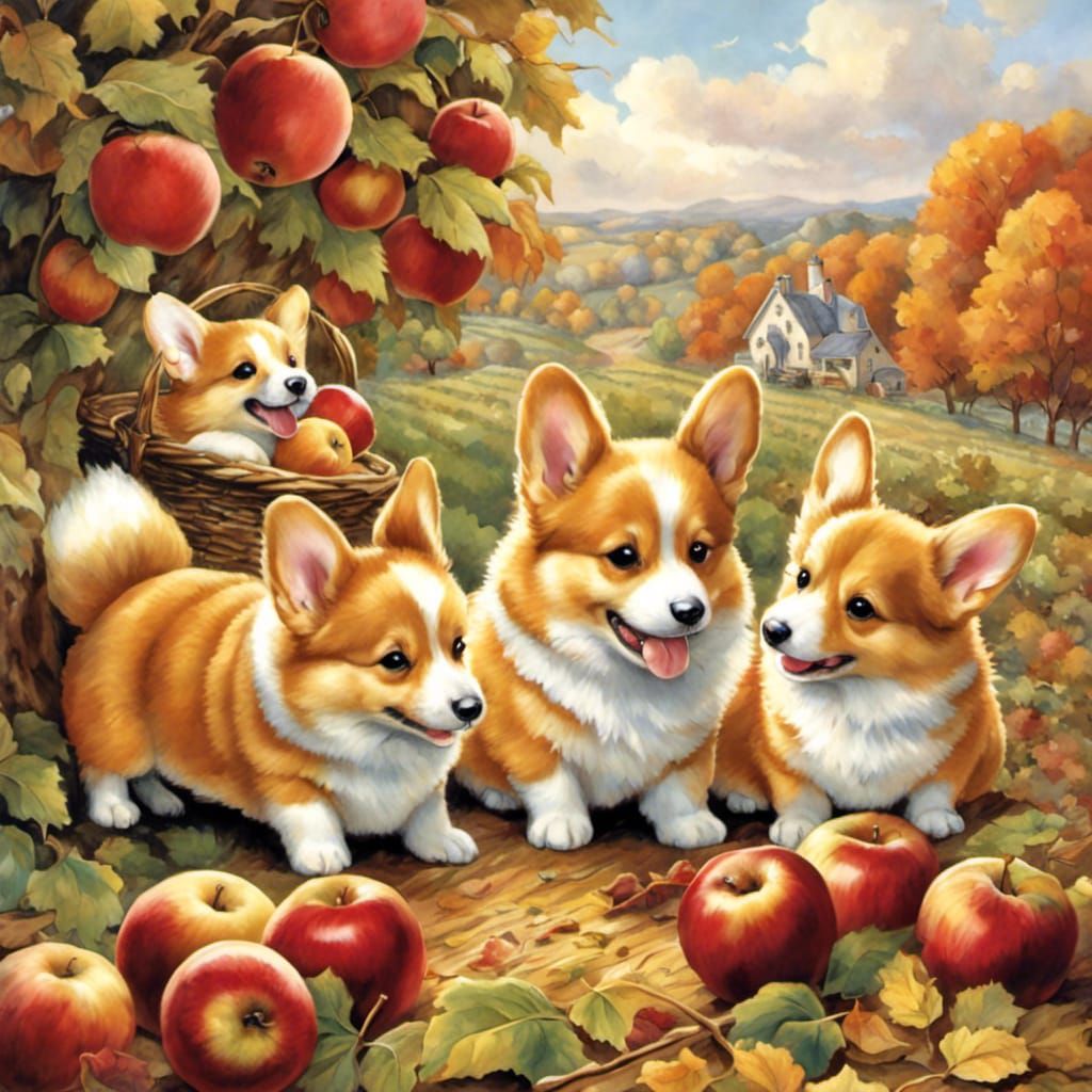 Corgis in an Apple Orchard - AI Generated Artwork - NightCafe Creator