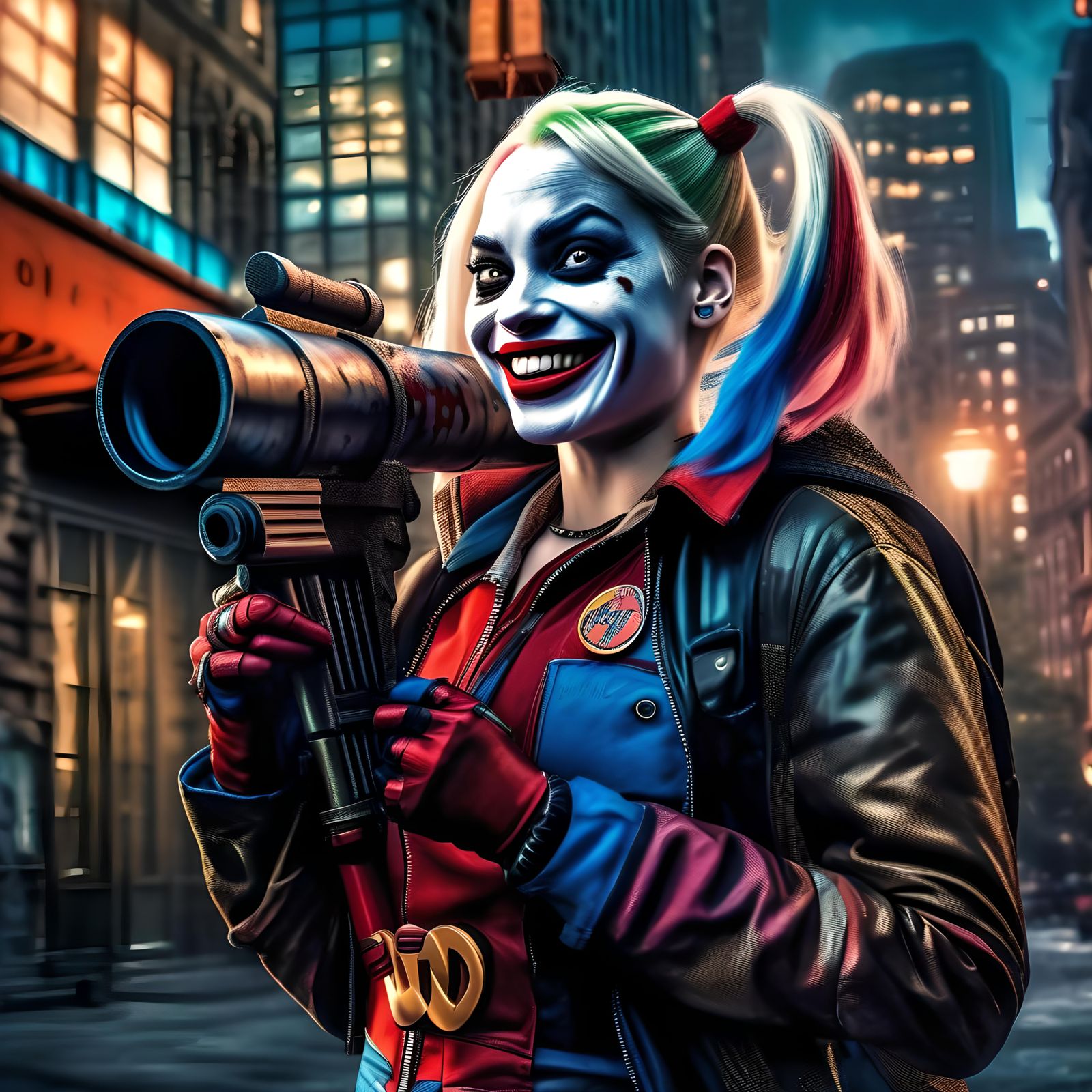 Harley Quinn with a bazooka laughing in Gotham City, beautiful ...