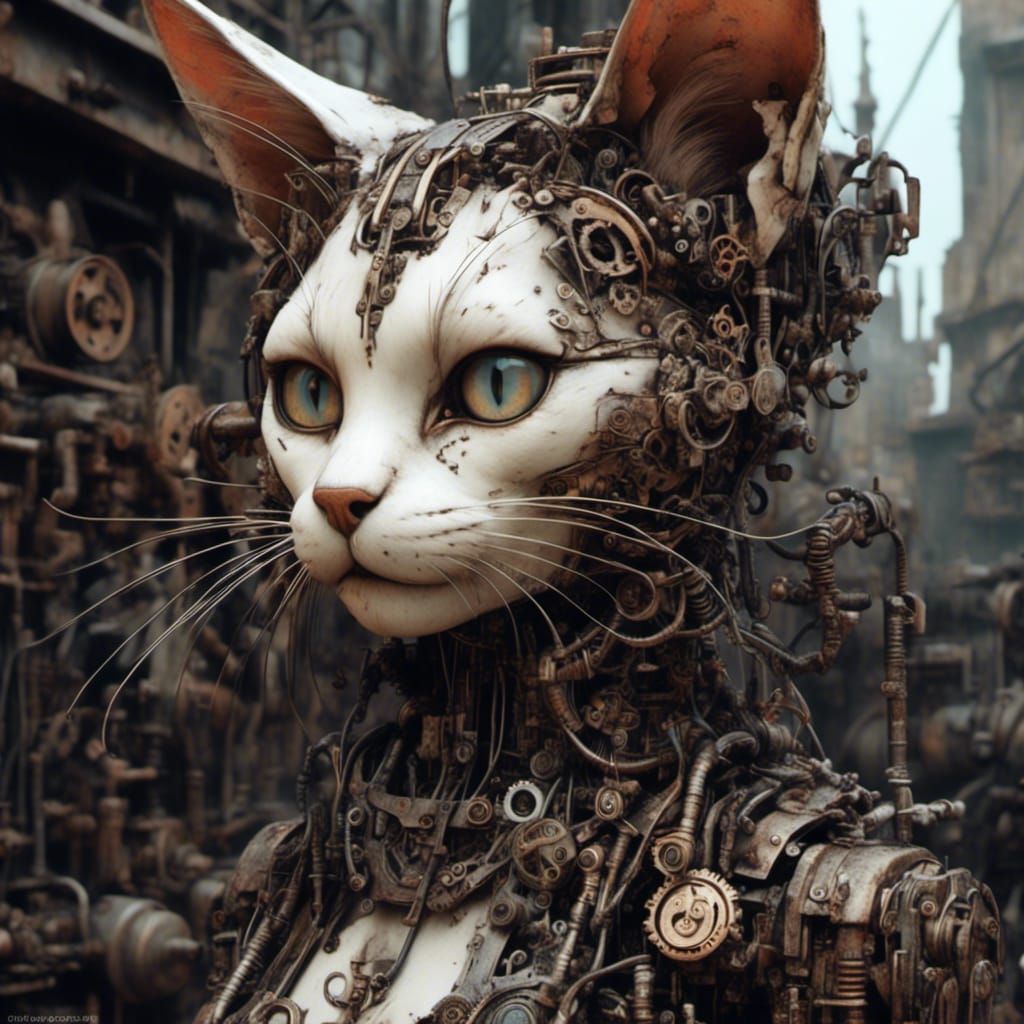 <lora:Mechanics:1.0> Beauiful Cyberpunk cat , in the white city , deeply lined ,Insanely Detailed and Intricate, Artgerm, WLOP, Arthur Rackh...