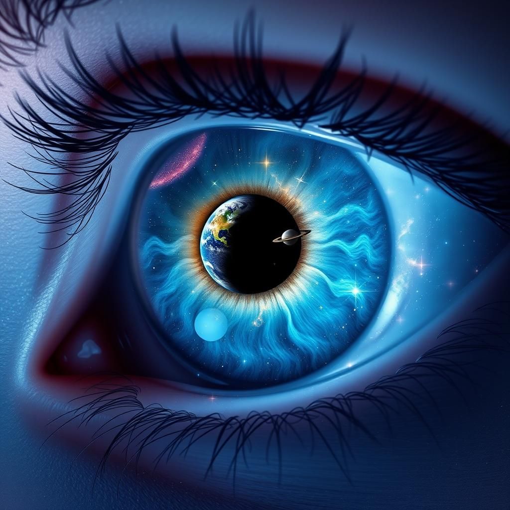 A hyper-realistic human eye, where the iris is transformed into a swirling (galaxy:1.2), featuring detailed (planets:1.3) such as (Saturn wi...