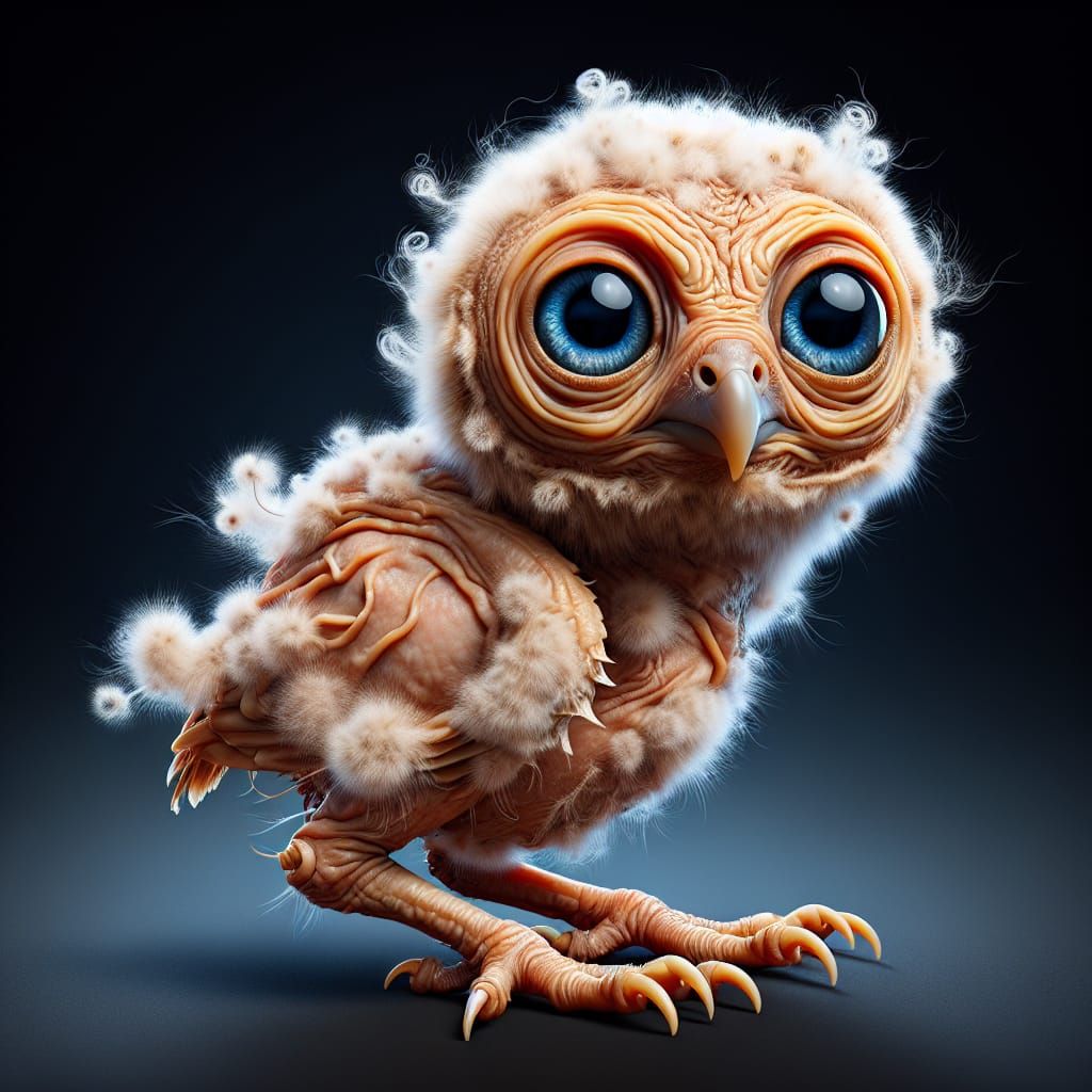 an adorablly ugly baby owl with sparse white fluff and no feathers and ...