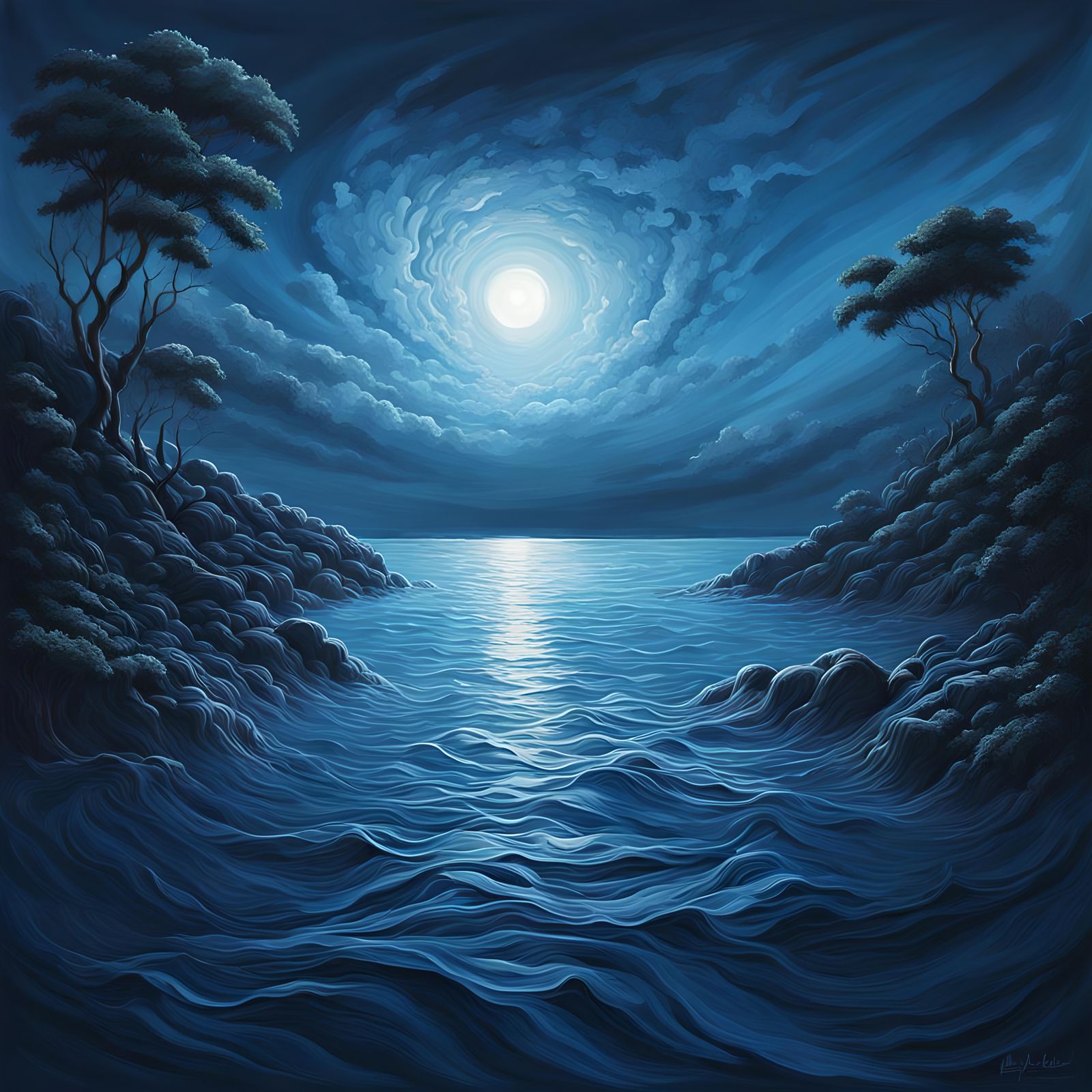 Monochromatic art, a serene landscape entirely in shades of blue, pale blue sky to deep midnight waters, ...  by @Irene