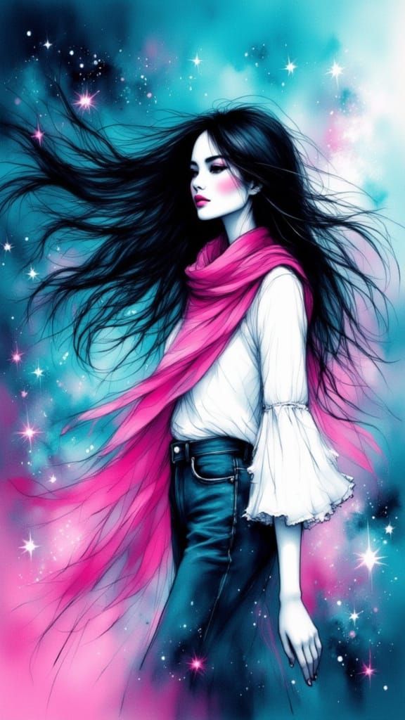 Ethereal Woman Merges with Cosmic Nebula