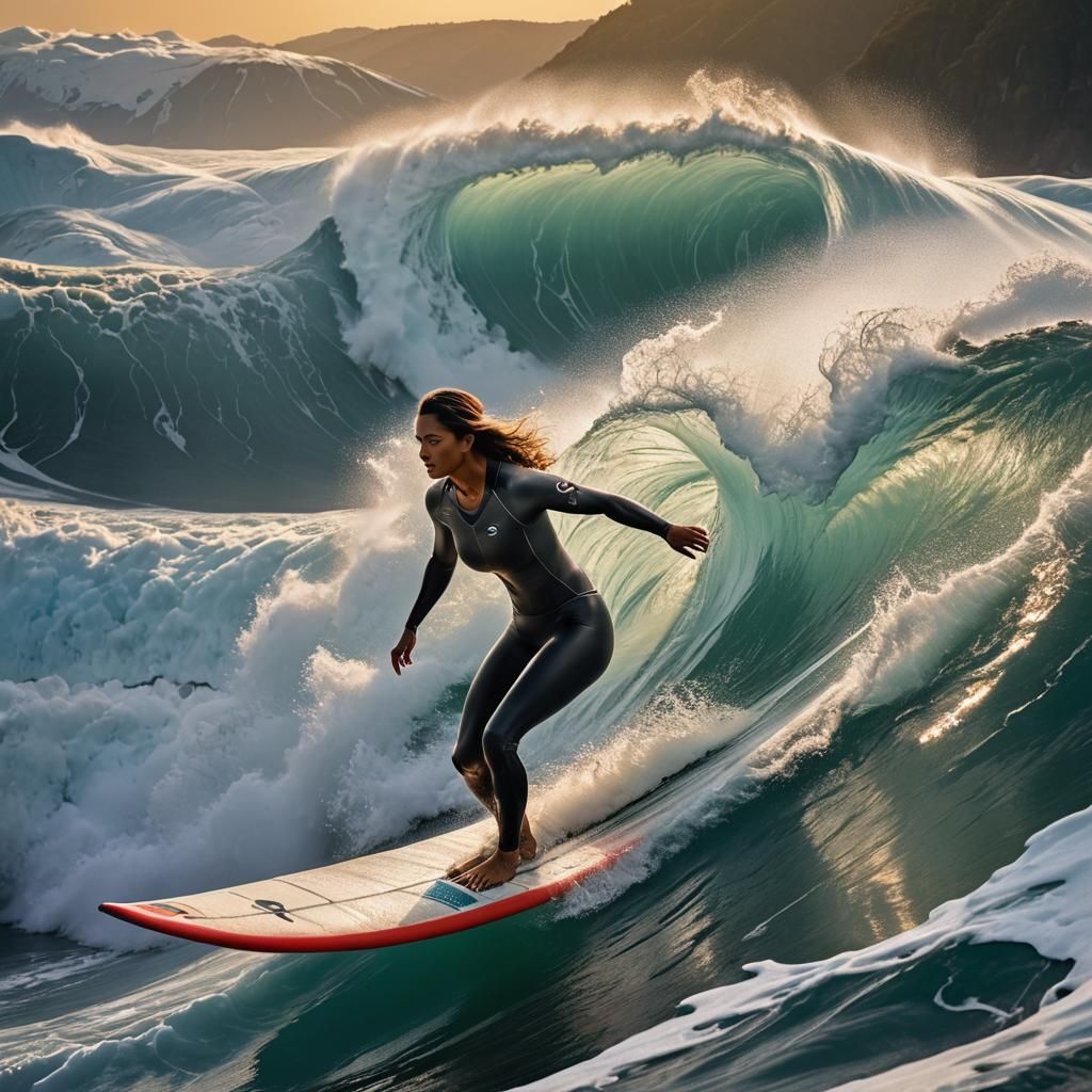 beutiful giant lady surfing in the Himalayas, at the sunrise