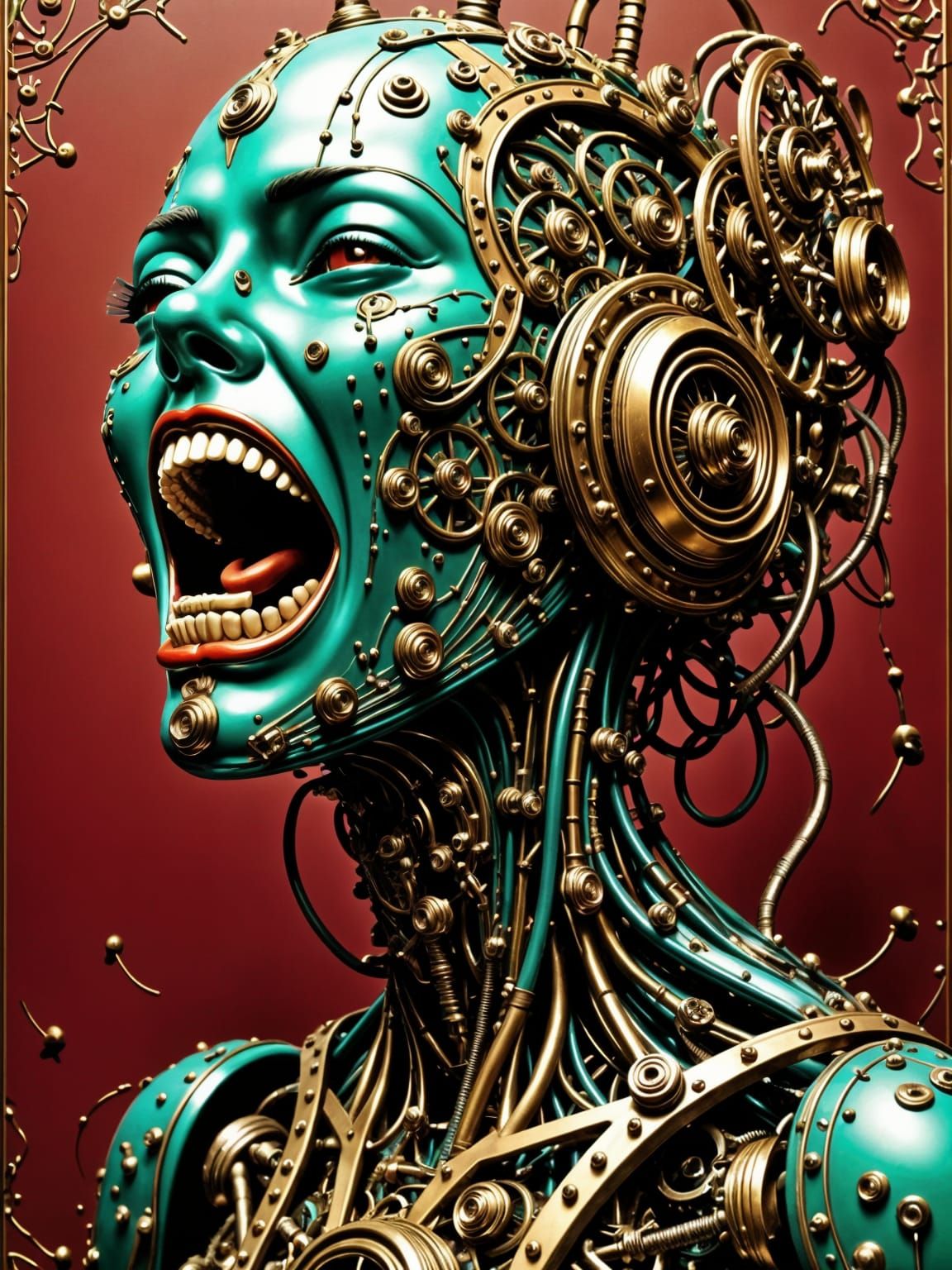 an extremely photorealistic and surreal steampunk-inspired poster with a bold and striking vibrant navy and cream color scheme. Center a twi...