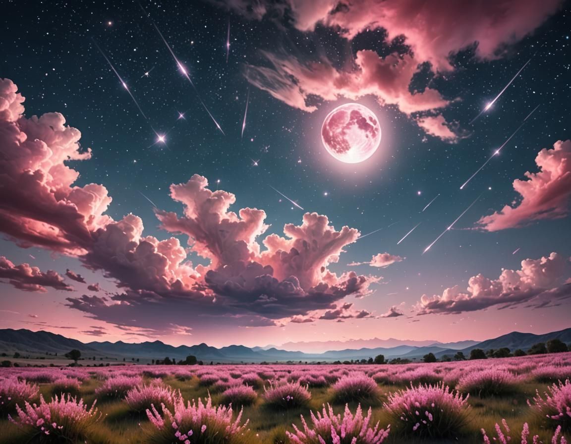 pink moon, shooting stars, stars, white and pink clouds  by @Shosuro Khan