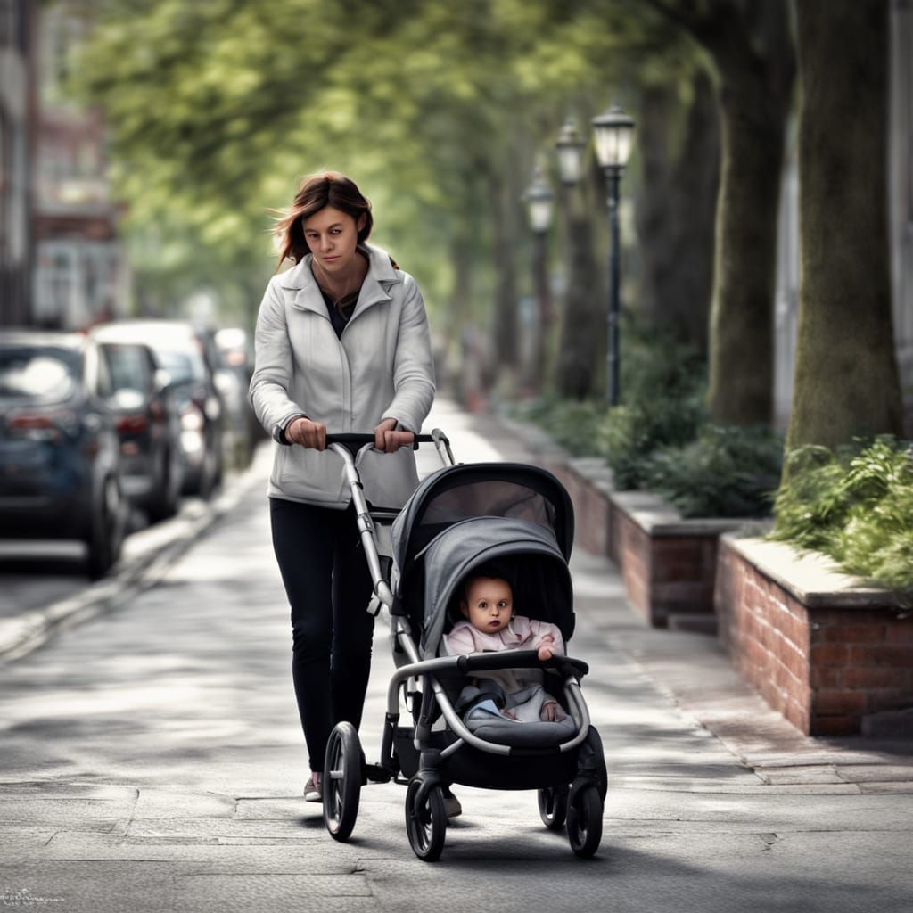 A mother pushing a baby carriage down a sidewalk, HDR, beautifully shot, hyperrealistic, sharp focus, 64 megapixels, perfect composition, hi...