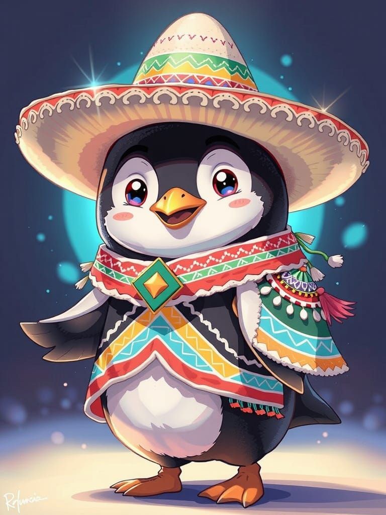cute pinguin dressed as mexican, with sombrero : 2D cartoon by Itsuki Kameya, Neko Hinetsuki, , Fuzichoco, ...  by @Didier B