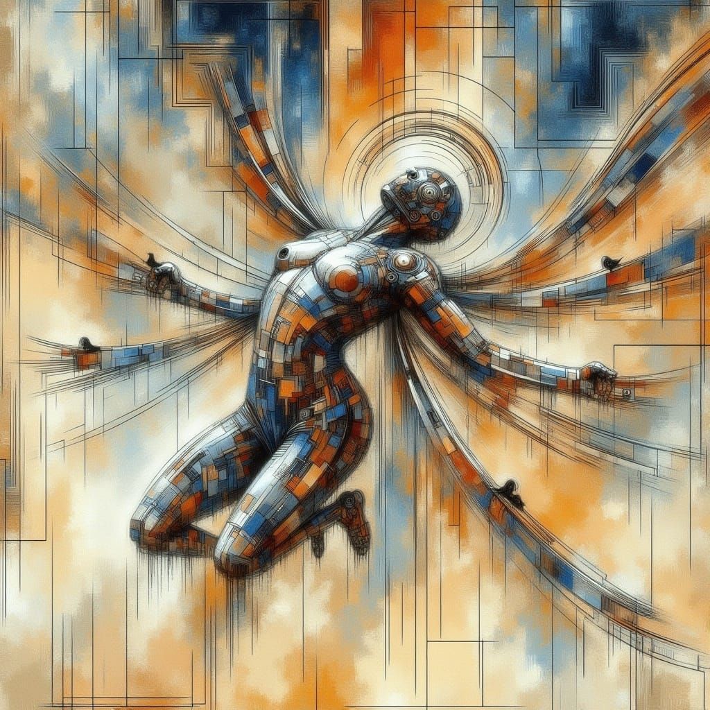 <lora:-Abstragony-:1.0> futuristic humanoid ▪ mid-flight ▪ arched back ▪ straightened legs ▪ arms extended backward ▪ intricate mechanical a...