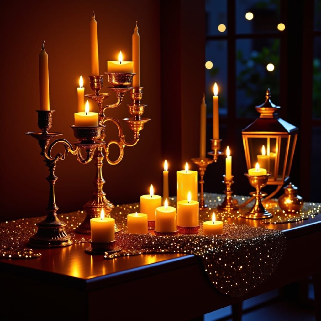 <lora:Illuminations flux:1.0>  a table with candles and a lamp Light,  , Illumination, glow, glitter 