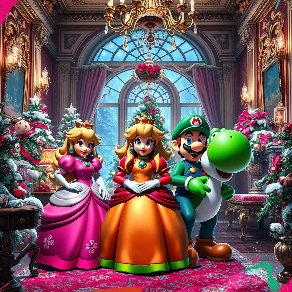 Festive Mario Characters in Sumptuous Christmas Mansion