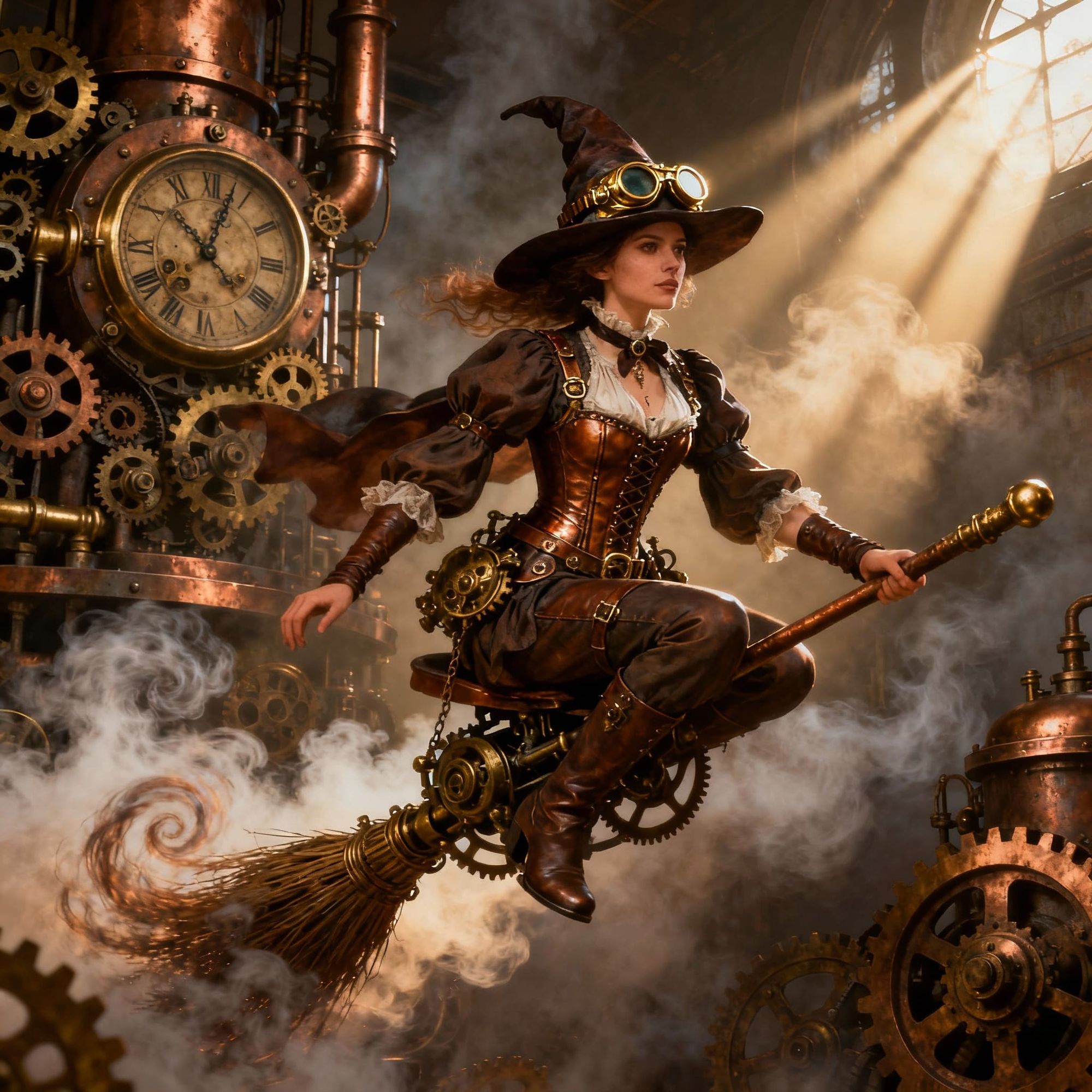 Steampunk witch with brass goggles and mechanical broom, gears and steam swirling around her, Victorian outfit with leather corset and metal...