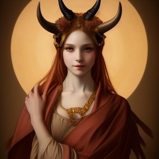 Smile of female demon, horns, beautiful face, silk, chain, 8...