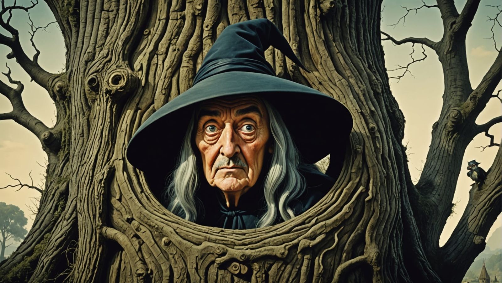 Grumpy Witch Peeking, Surrealist Art Style
