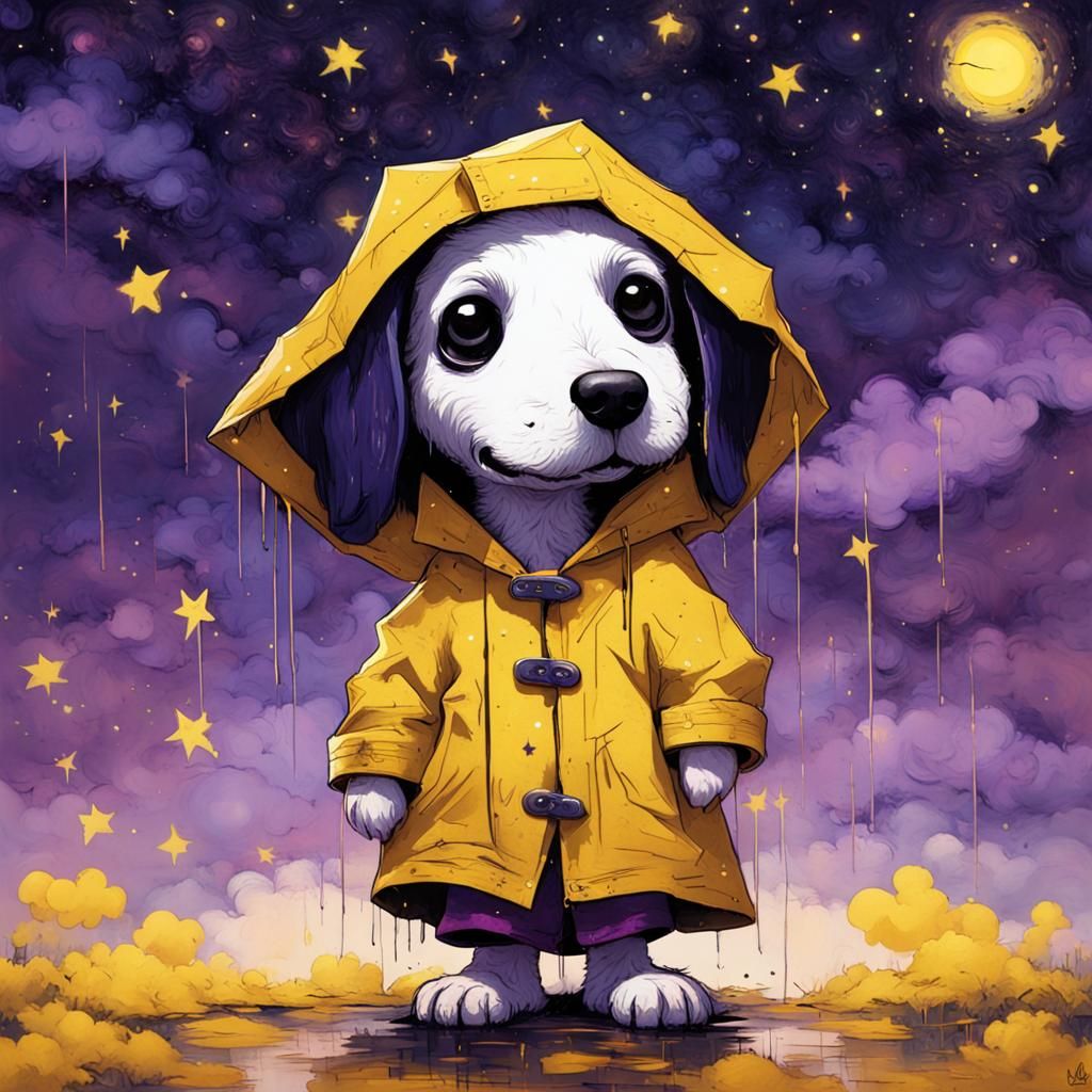 An Adorable Chibi Snoopy Wearing A Yellow Raincoat Purple Dark Starry