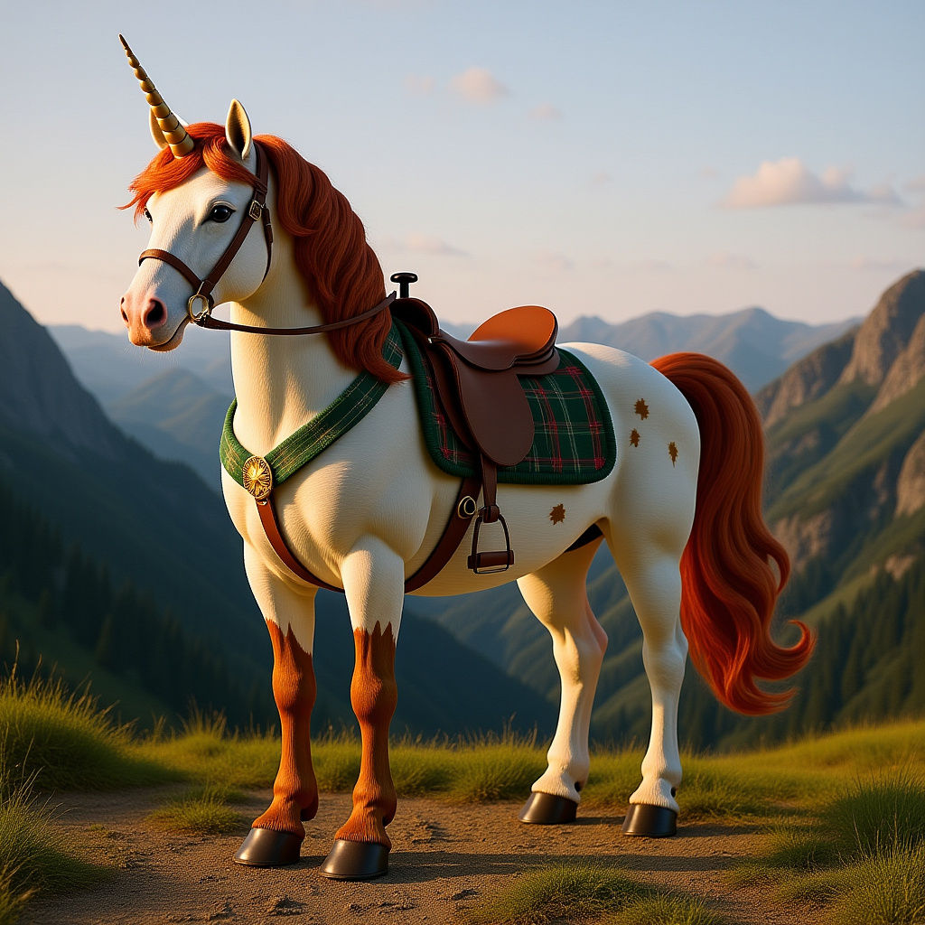  A majestic unicorn with a gingerbread colored velvety body and bright red mane wearing a hunter green tartan saddle Rendered in a hyperreal...