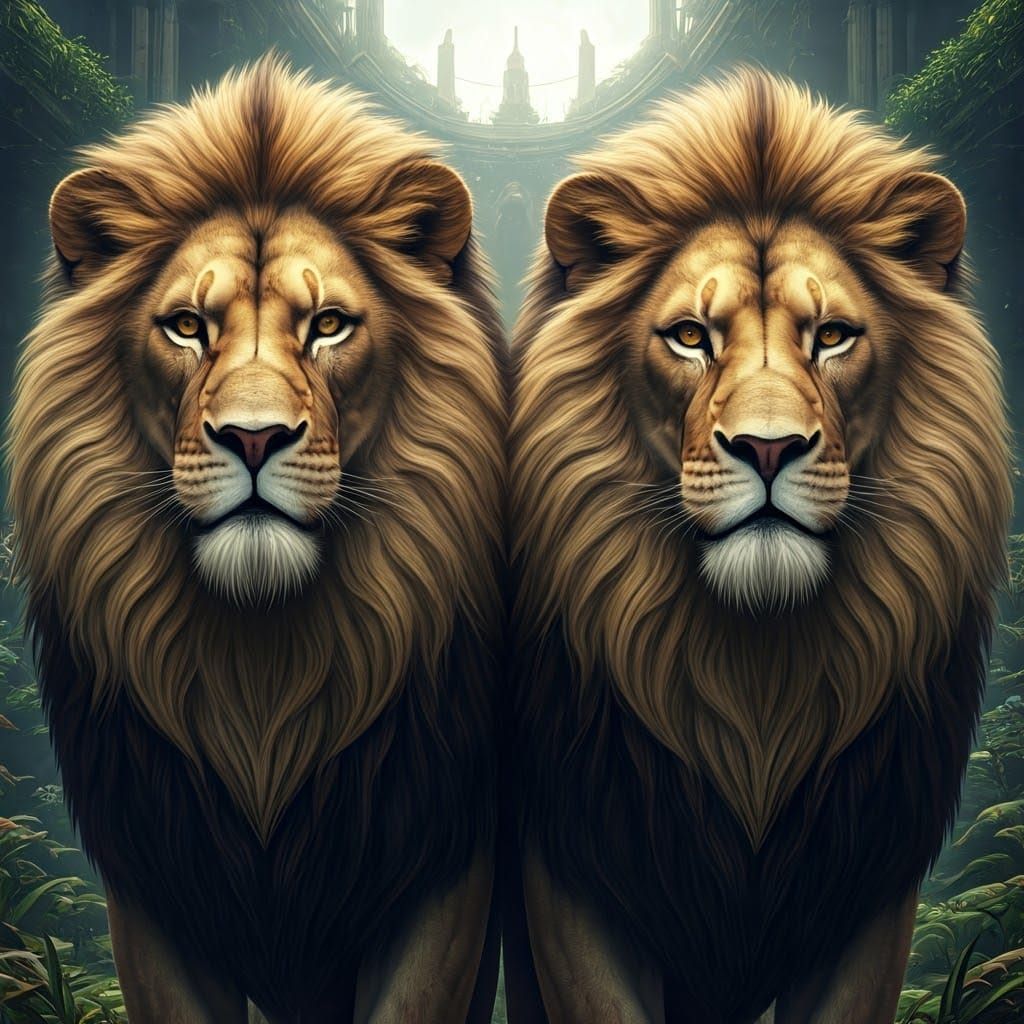 Regal Twin Lions in a Fantasy Landscape