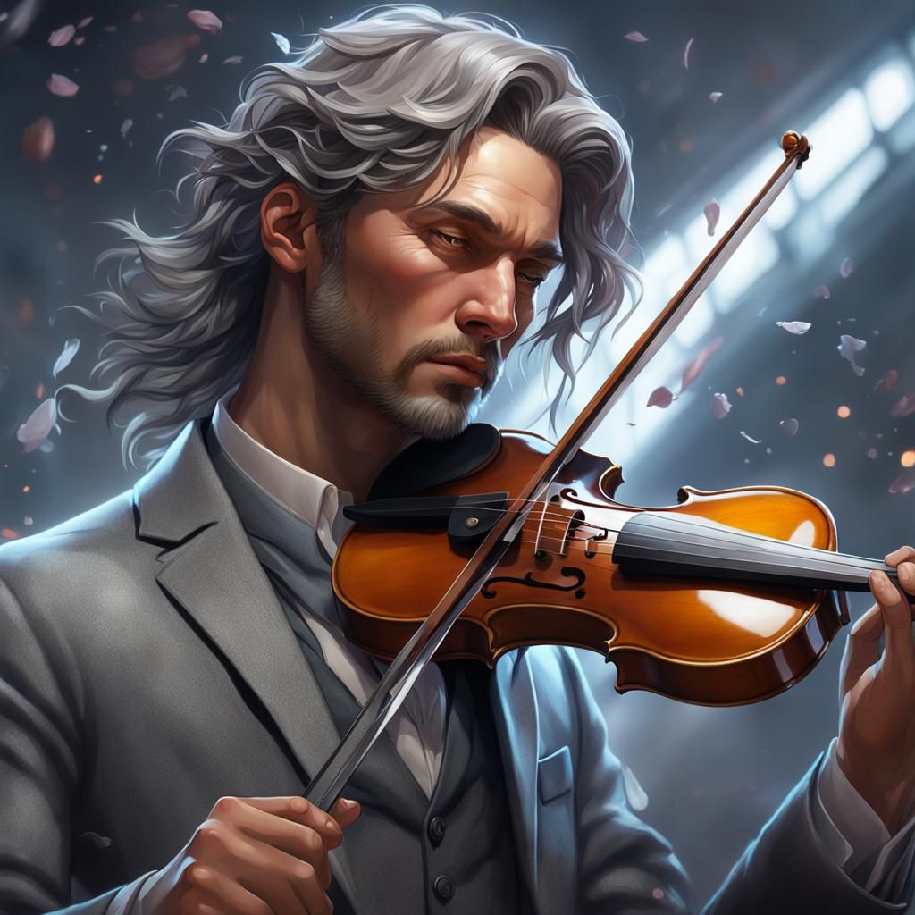an ethereal violinist dressed in a grey suit, fantasy, dark,...