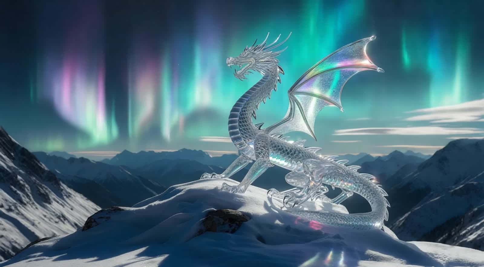 Imagine a glass sculpture in the shape of a dragon, perched atop a snow-covered mountain, bathed in the ethereal glow of...