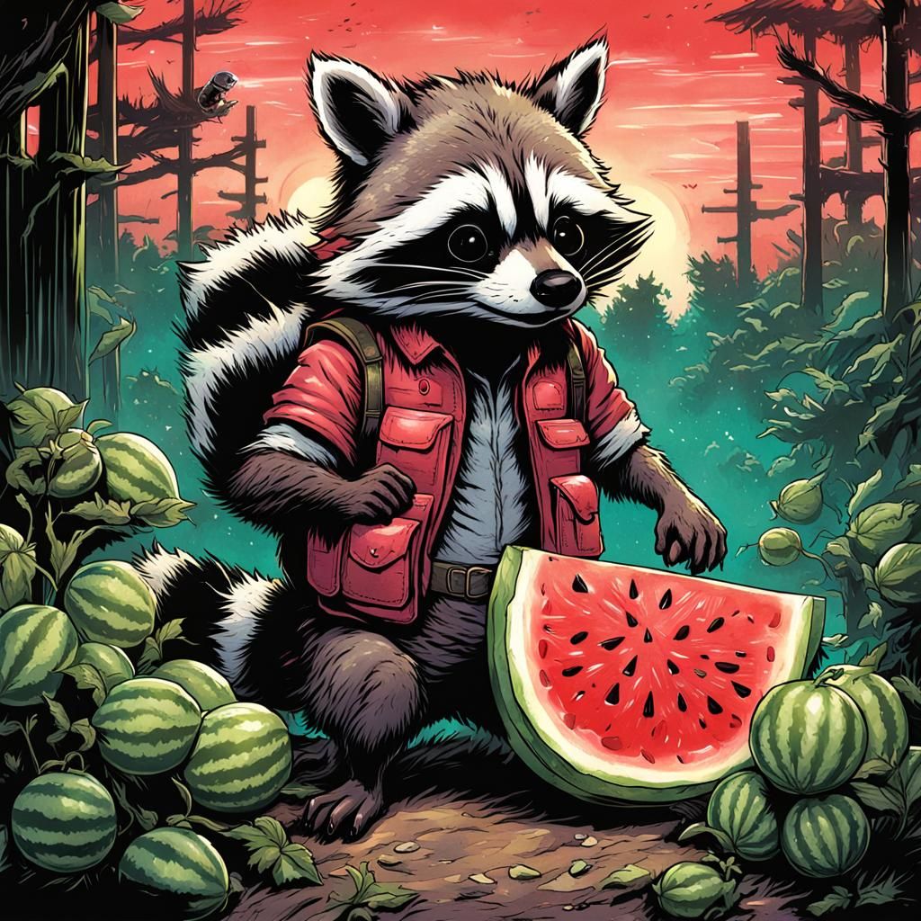 Raccoon likes watermelon