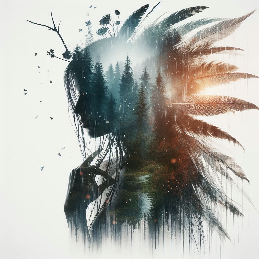 double exposure beautiful fantasy DALL-E 3 portrait landscape..