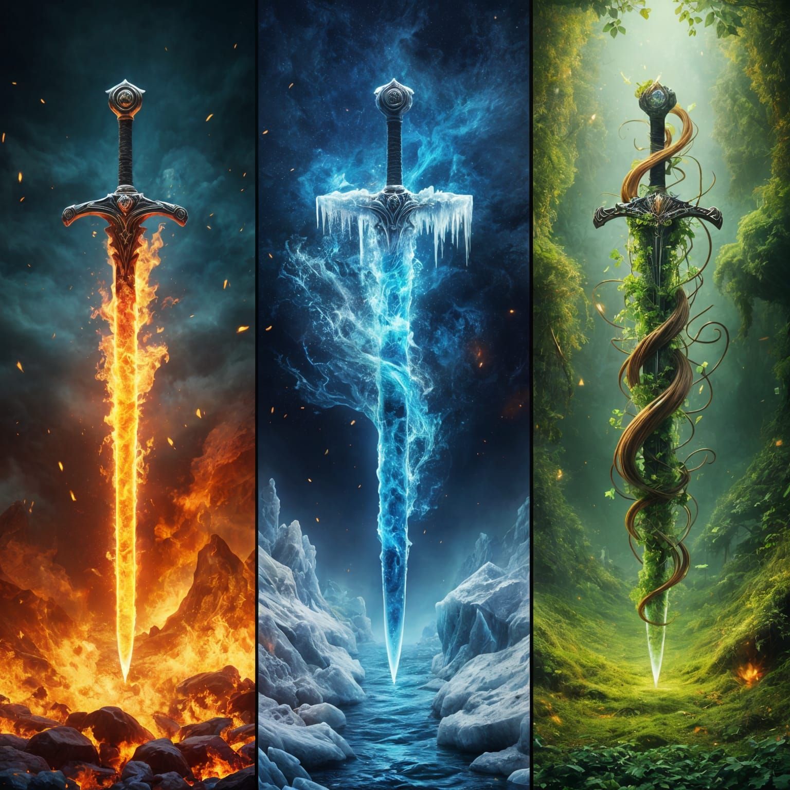 Fire- Ice- Earth elemental swords   by @undefined