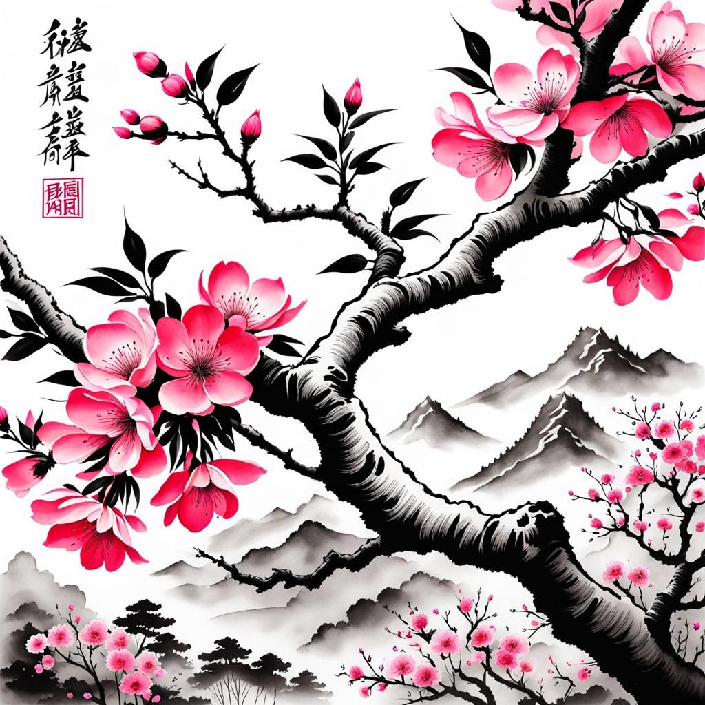 Cherry Blossom Garden Ink Drawing  by @Tristan
