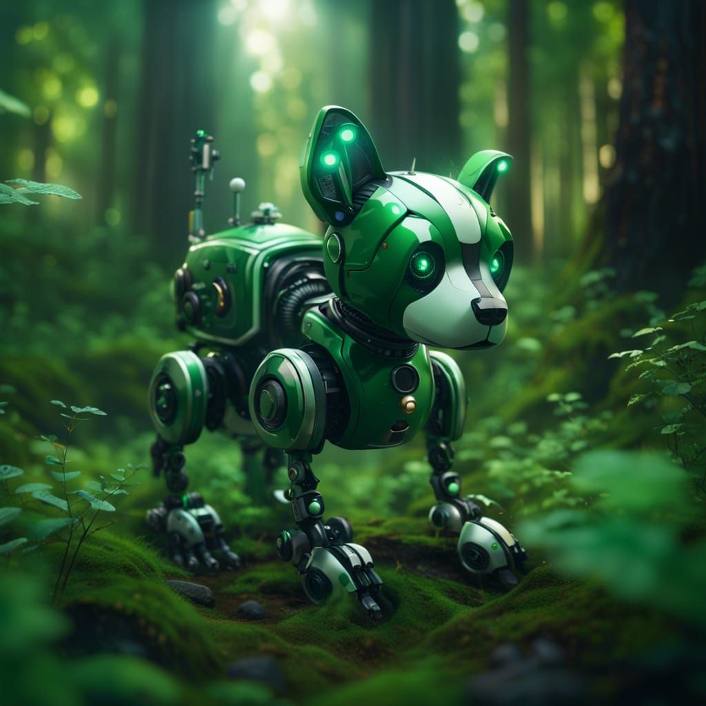 Cute robot dog in a green forest   by @IMO