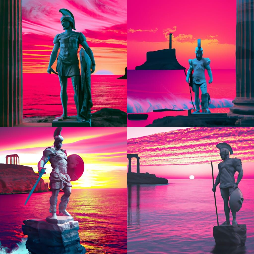 Marble statue of greek soldier in front of Sounion Posideon temple