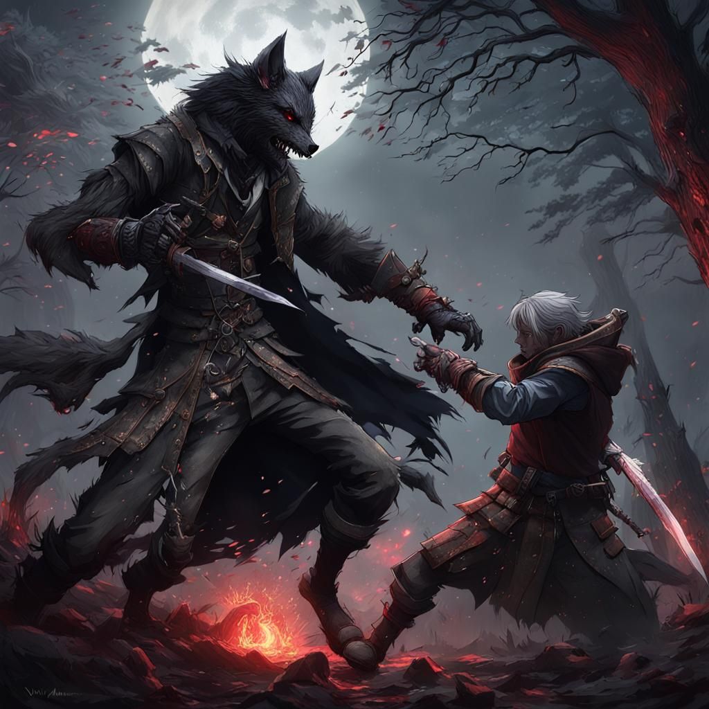 A battle between a bloodborne hunter and a werewolf