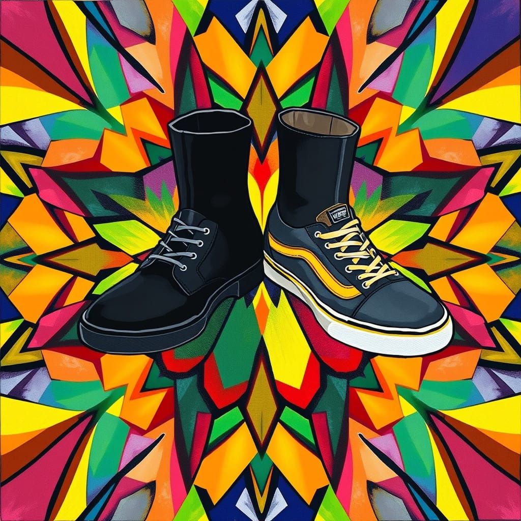 Vibrant Geometric Art Featuring Bold Boot and Shoe Designs