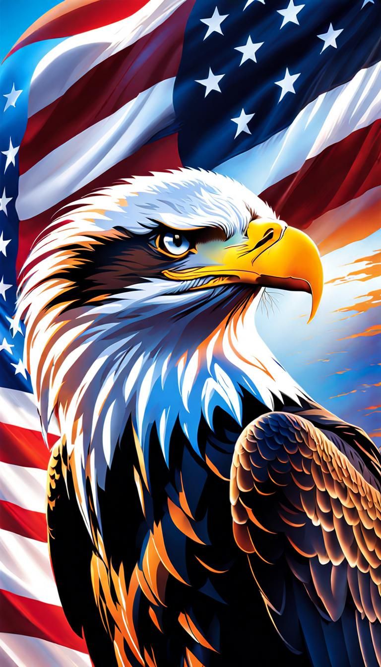 Bald eagle rising into the sky colored like the American fla...