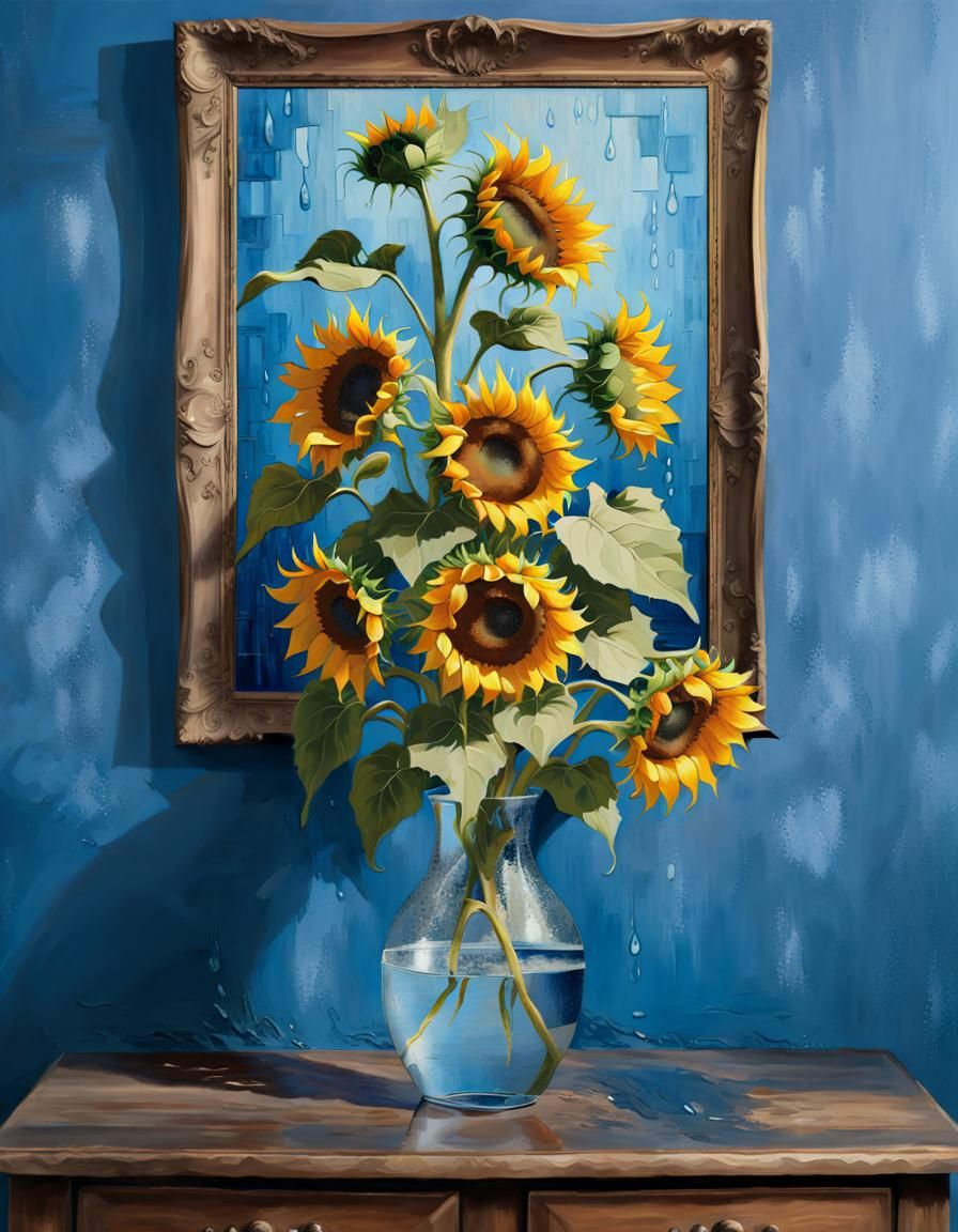 (Masterpiece painting:1.3) of (Beautiful sunflowers:1.25), in a vase with water on table in front of a decorative (blue wall:1.2)