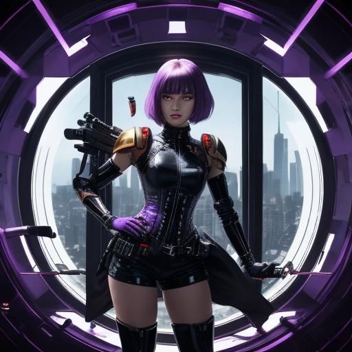 Robot huntress carrying heavy weapon on her back