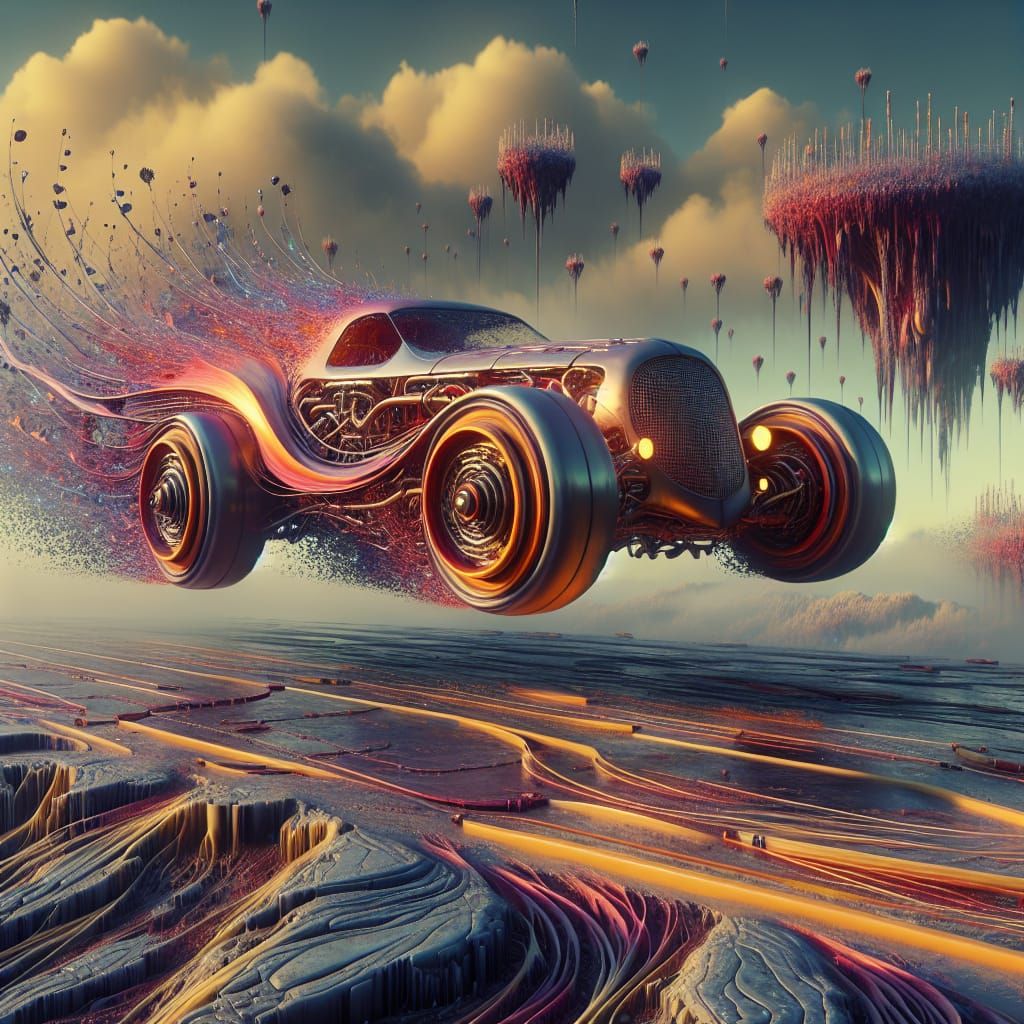 Surreal Speedster Vehicle in Dreamlike Landscape