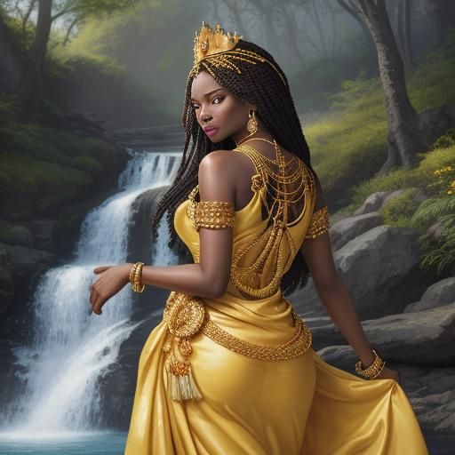 Beautiful African queen has long hair with a gold crown on her head and she is standing up holding a jar of honey, she is wearing a luxuriou...
