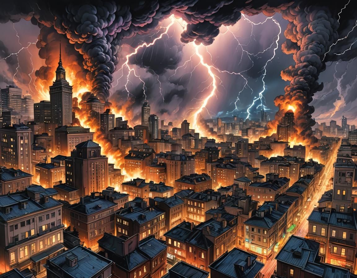 Wind tornado, lightnings and fire all over the city.