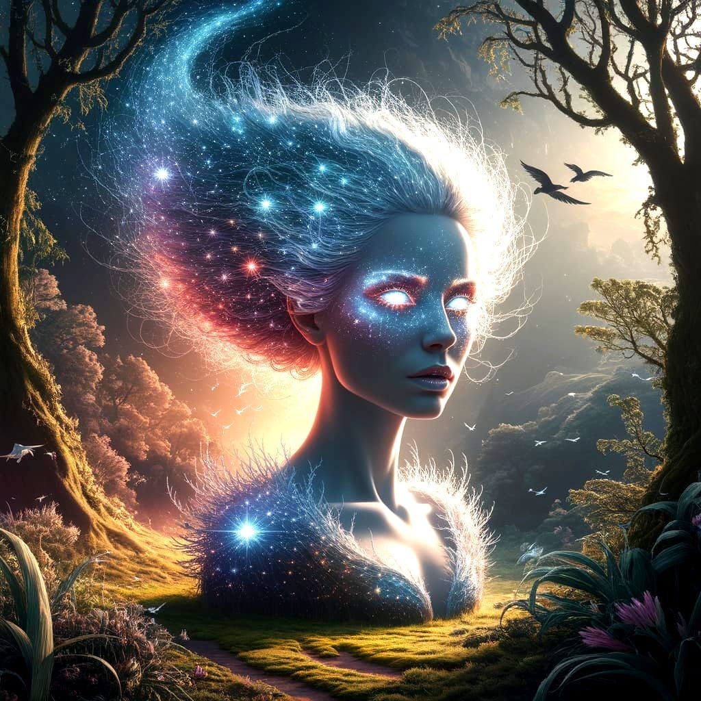 A majestic, ghostly woman's face made of pure starlight and eyes like distant galaxies in a forest of giant, glowing plants. The woman's hai...