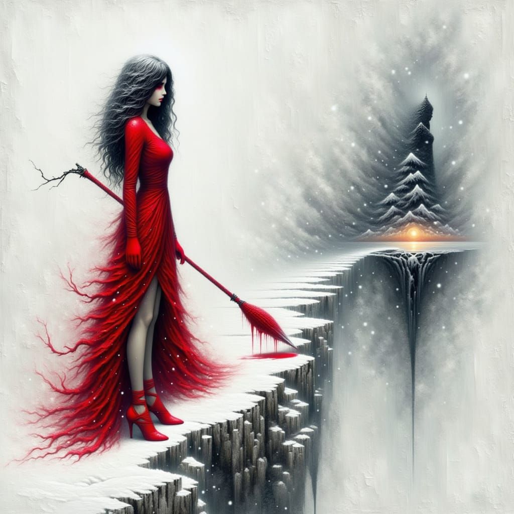 <lora:Elegant Paint Drip:1.0> A detailed fantasy concept art showcasing a asian woman in a red attire, subtly blending into a textured white...