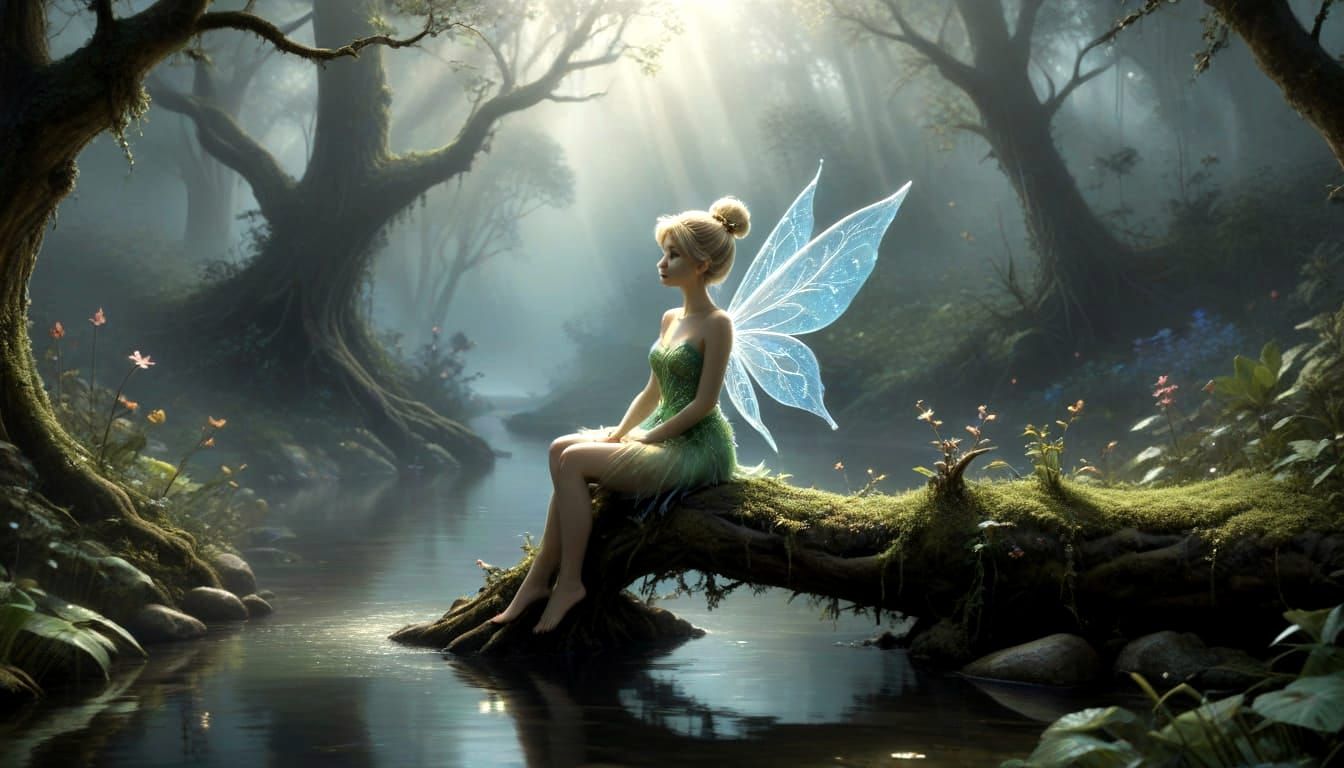 Tinkerbell, dreaming, sits on a branch over a river, in Neverland forest // Ethereal fantasy, hyperdetailed, mist, acrylic by artists Olivie...