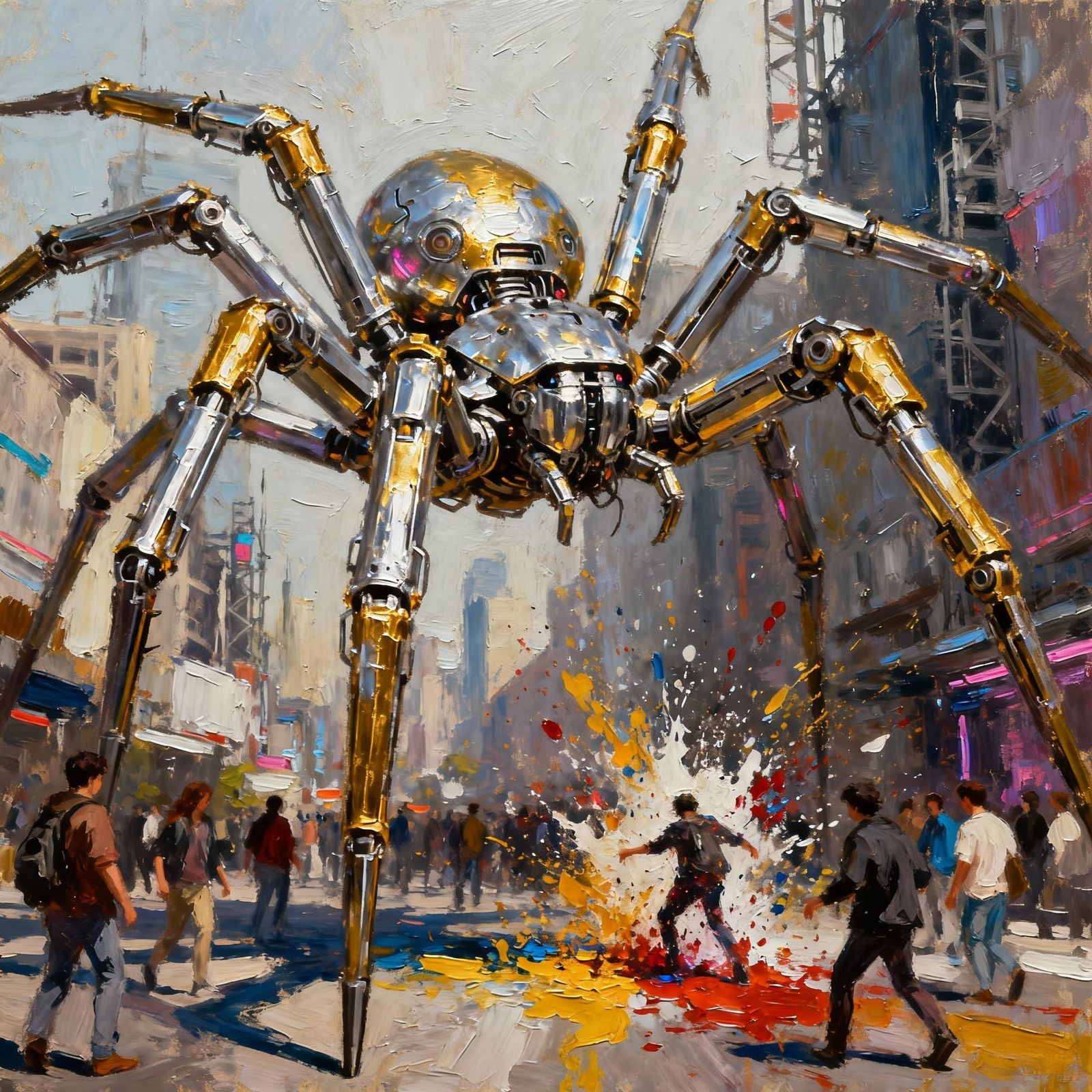 A colosal cyberpunk spider, made of iron, silver and gold metals, shiny metallic textures, in a city ...  by @Marv