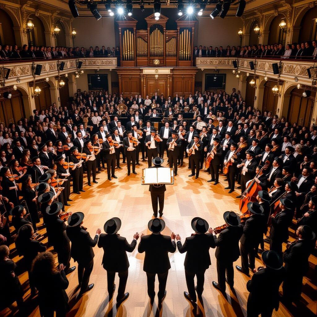 Create a scene for me where 300 people are dancing in a huge hall. All the people are in a tight Jewish look with a round hat and black suit...