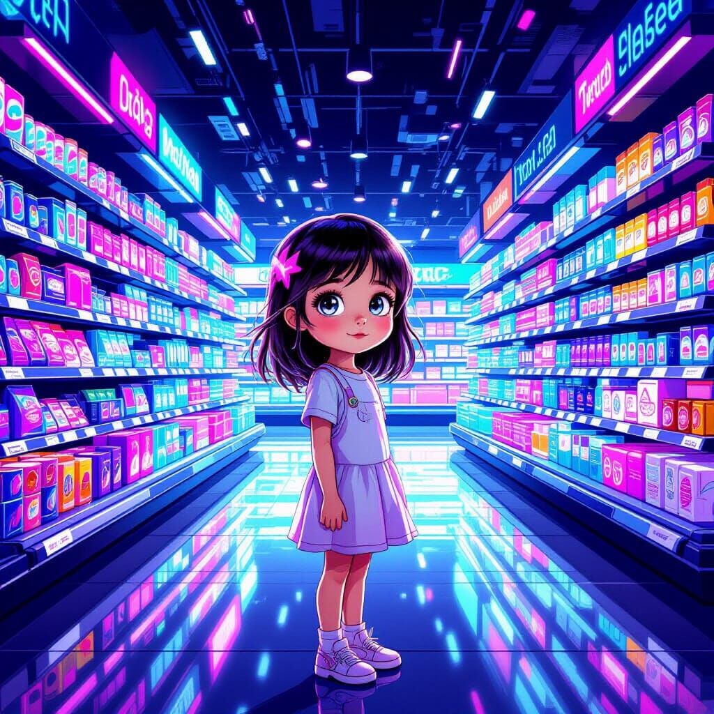 Hyperrealistic Girl in Futuristic Supermarket