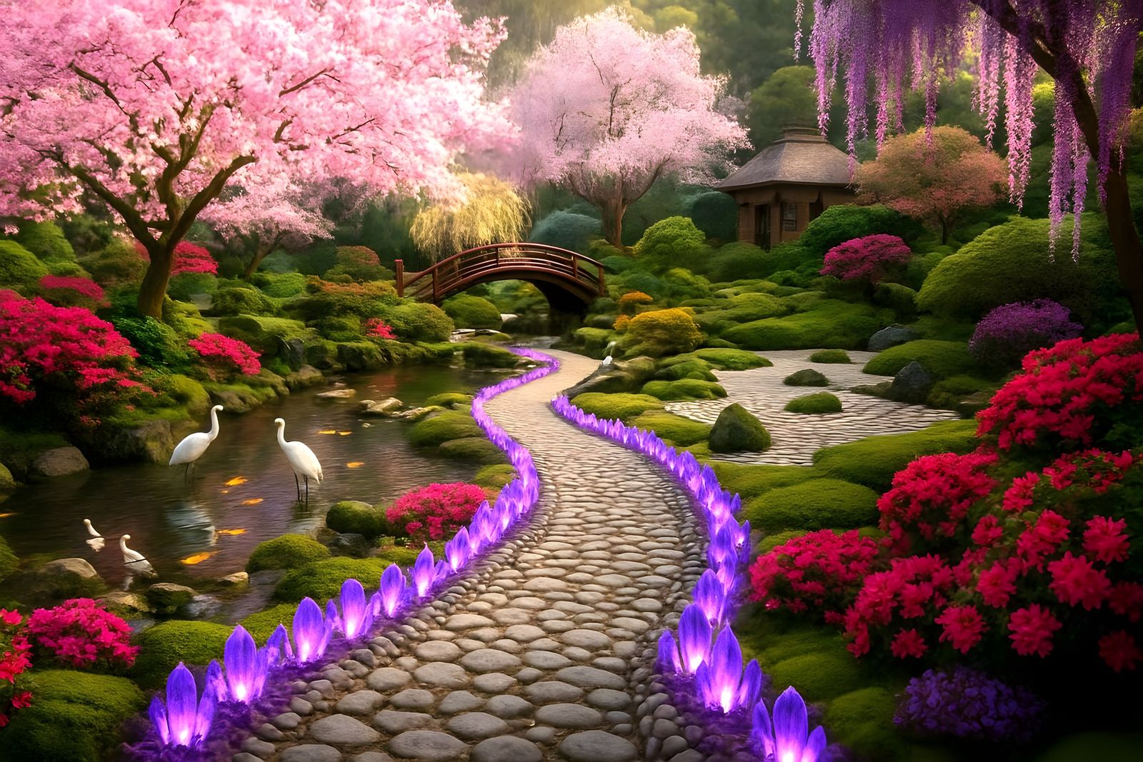 Crystal pathway in mossy Japanese garden  by @Gary Murakami