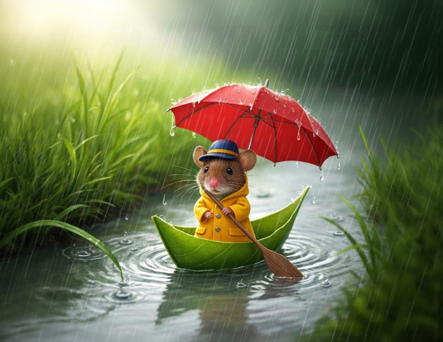 Mouse in a raincoat and hat...in a rainstorm, with an umbrella, floating on a leaf boat, on a stream. 