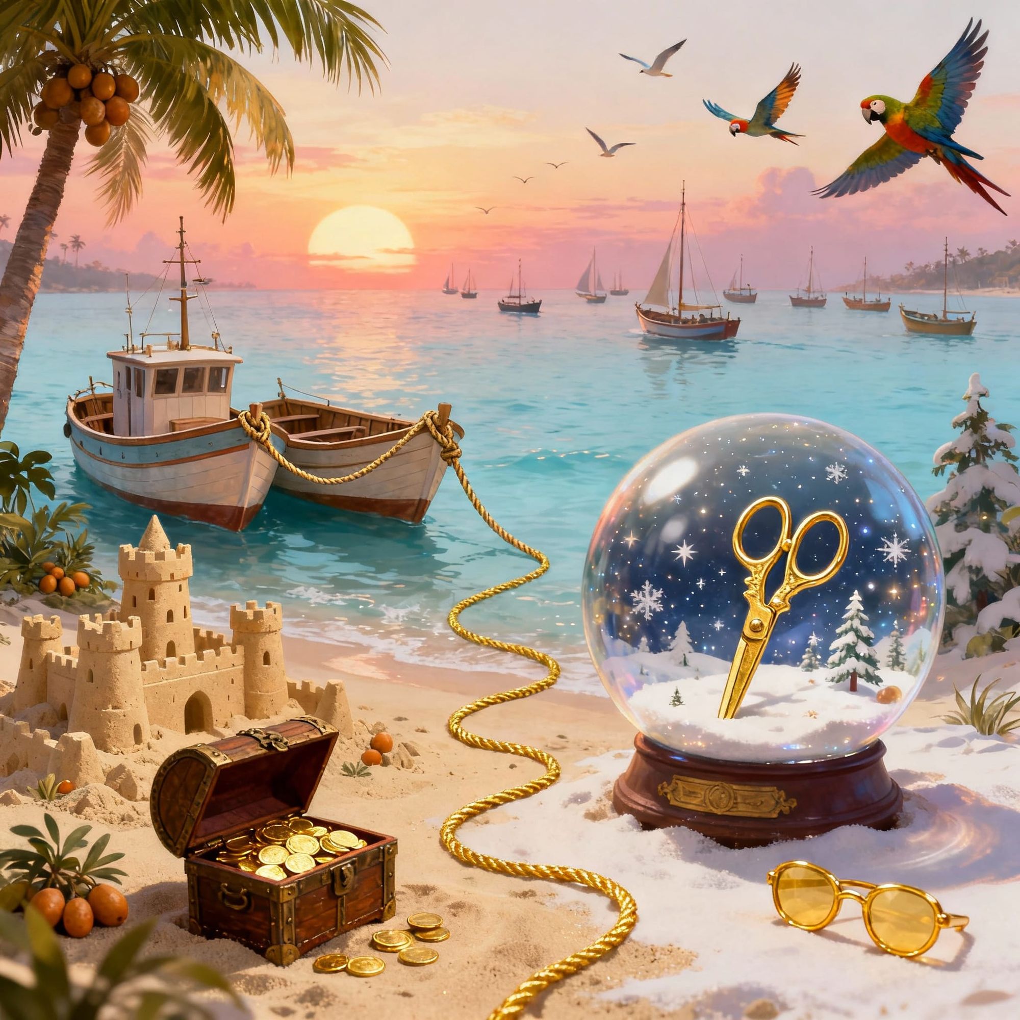 In the first half of the picture there are two amazing medium-sized boats tied to the shore with a rope against the backdrop of the sea at s...